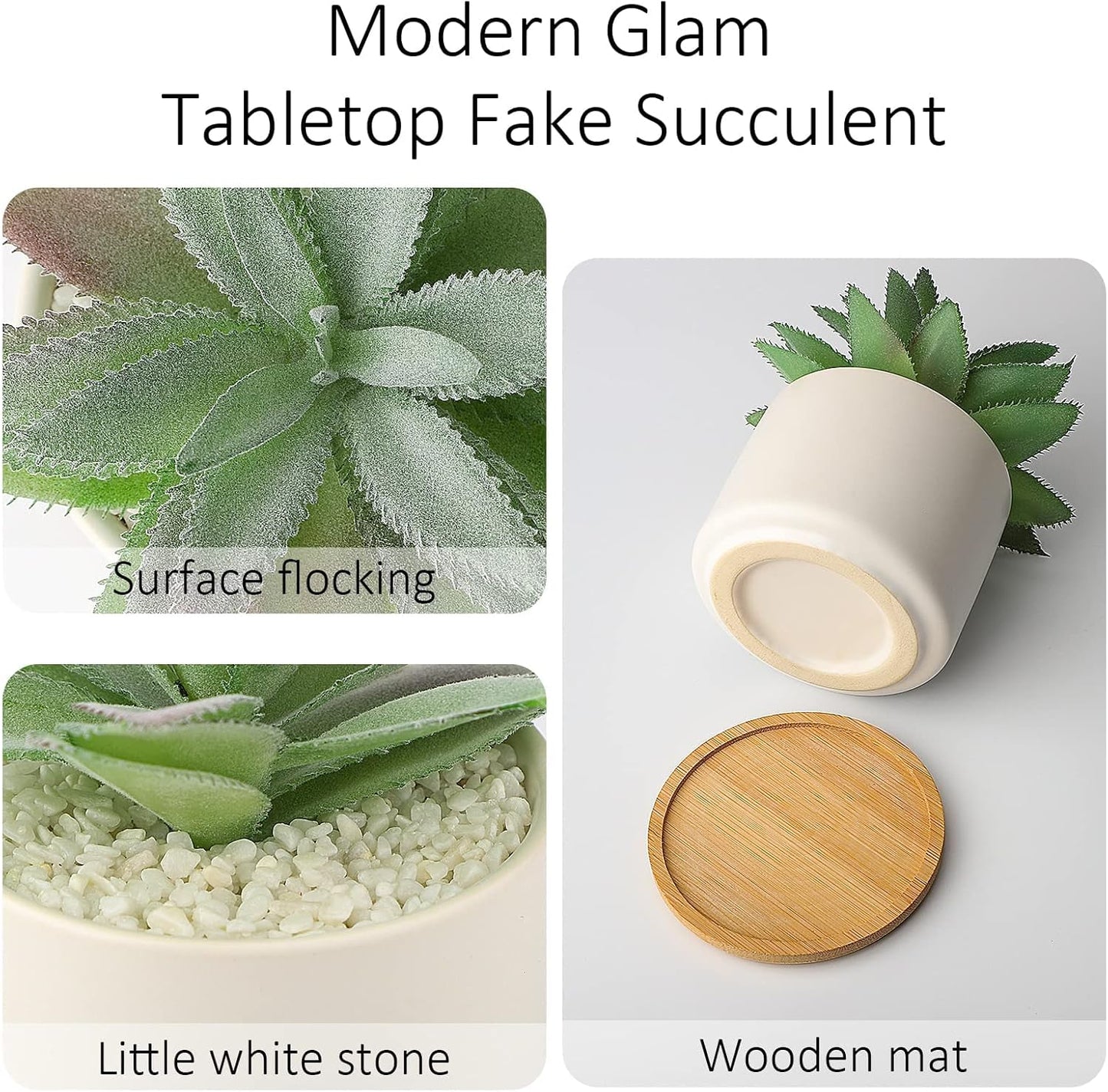 Artificial Succulents Plant, Faux Agave Succulent Plant in Ceramic Pots with Bamboo Tray, Fake Potted Plants for Office Desk Living Room Decor(Set of 2)