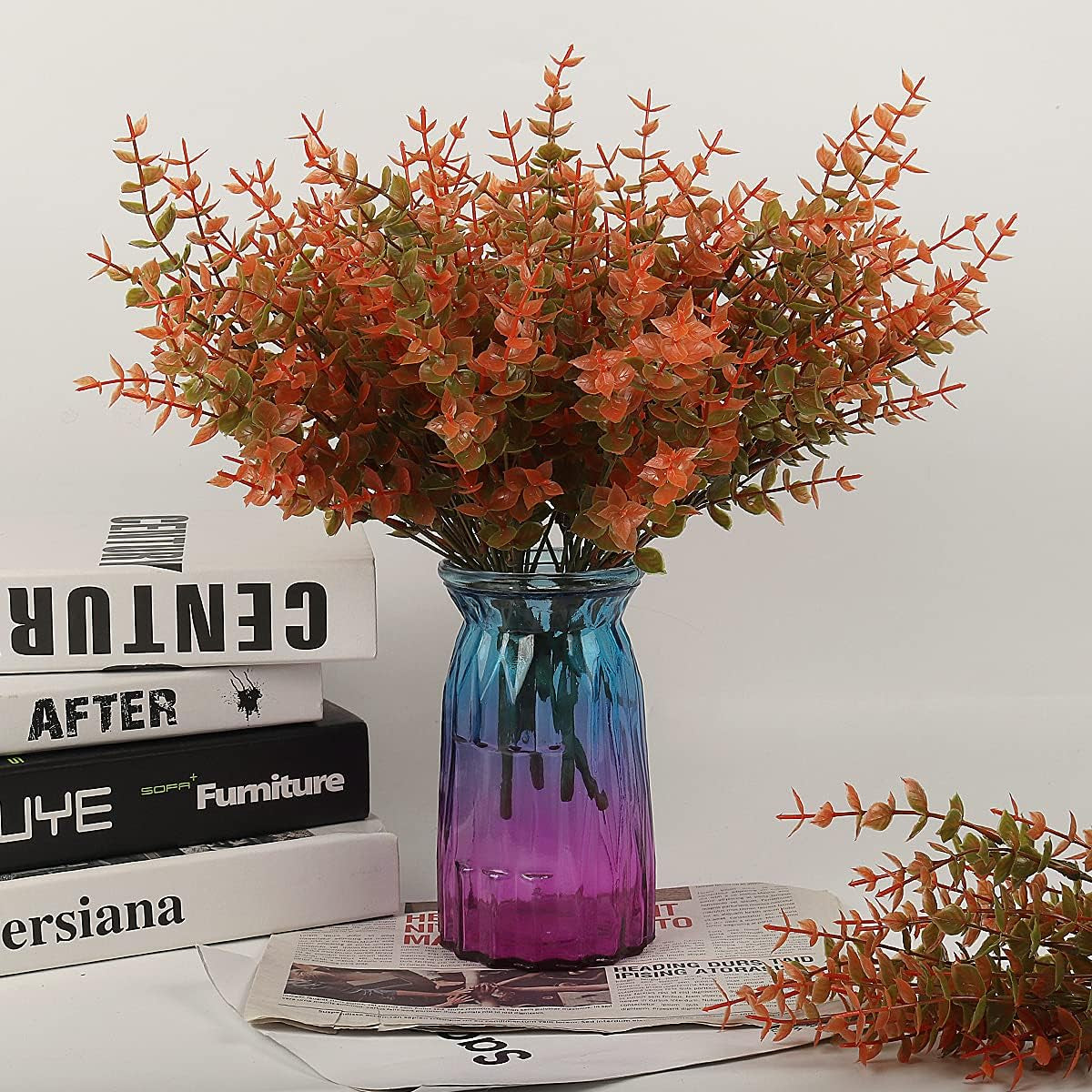 8 Bundles Artificial Fall Flowers No Fade Faux Autumn Plants, Fake Indoor Outdoor Greenery Decorations for Thanksgiving Christmas Wedding Party Home Garden Fireplace Décor(Fall Eucalyptus)