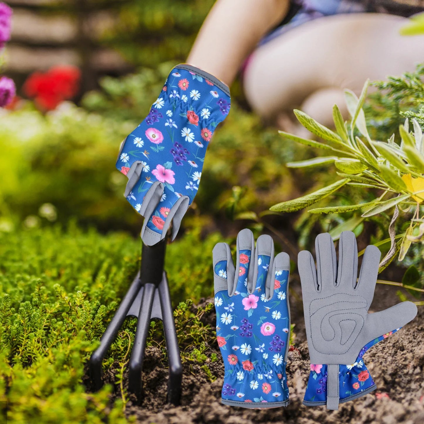 Stylish Blue Leather Gardening Gloves for Women - Thorn Resistant, Protective, Perfect for Outdoor Work and Weeding