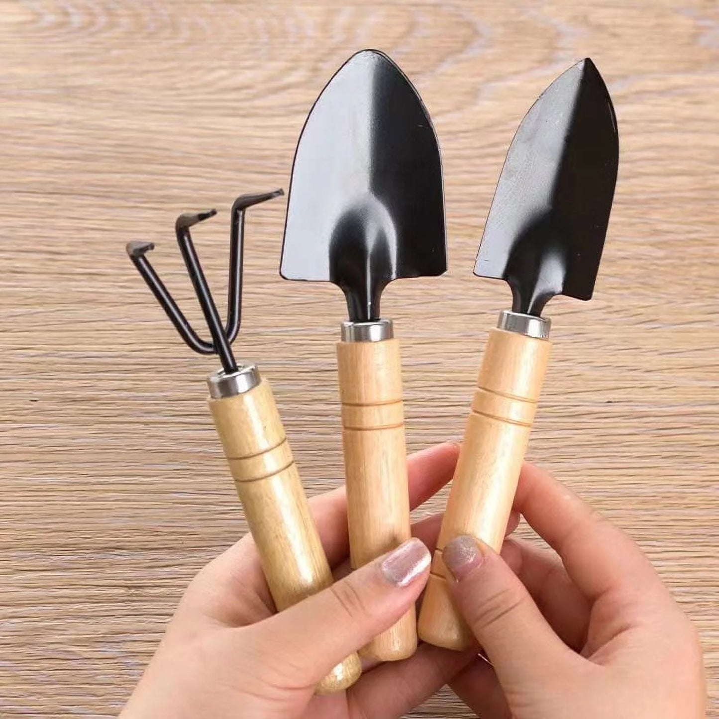 Mini Garden Tool Set, 3 Pieces Portable Mini Gardening Kit Including Hand Shovel, Transplant Shovel, Cultivator Hand Rake with Soft Wood Non-Slip Handle, Iron H