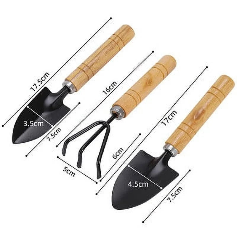 Mini Garden Tool Set, 3 Pieces Portable Mini Gardening Kit Including Hand Shovel, Transplant Shovel, Cultivator Hand Rake with Soft Wood Non-Slip Handle, Iron H