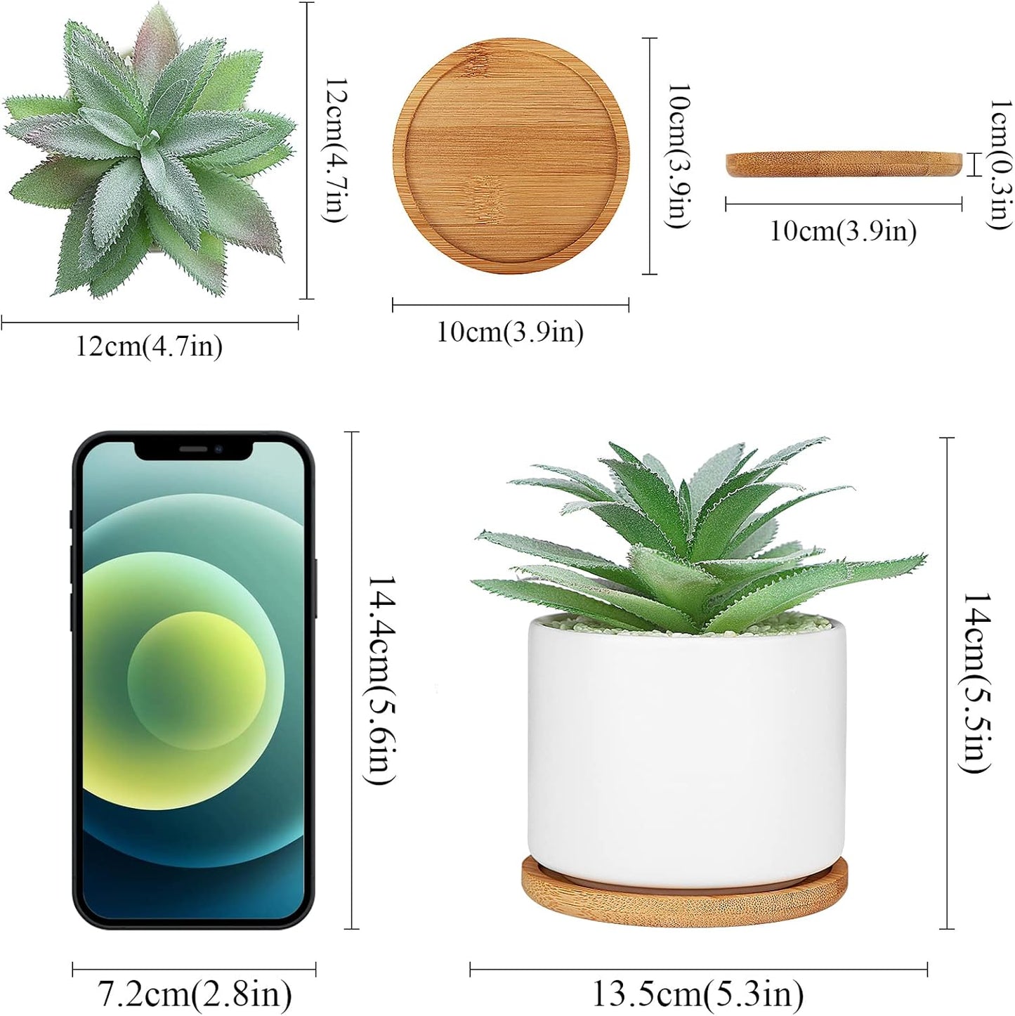 Artificial Succulents Plant, Faux Agave Succulent Plant in Ceramic Pots with Bamboo Tray, Fake Potted Plants for Office Desk Living Room Decor(Set of 2)