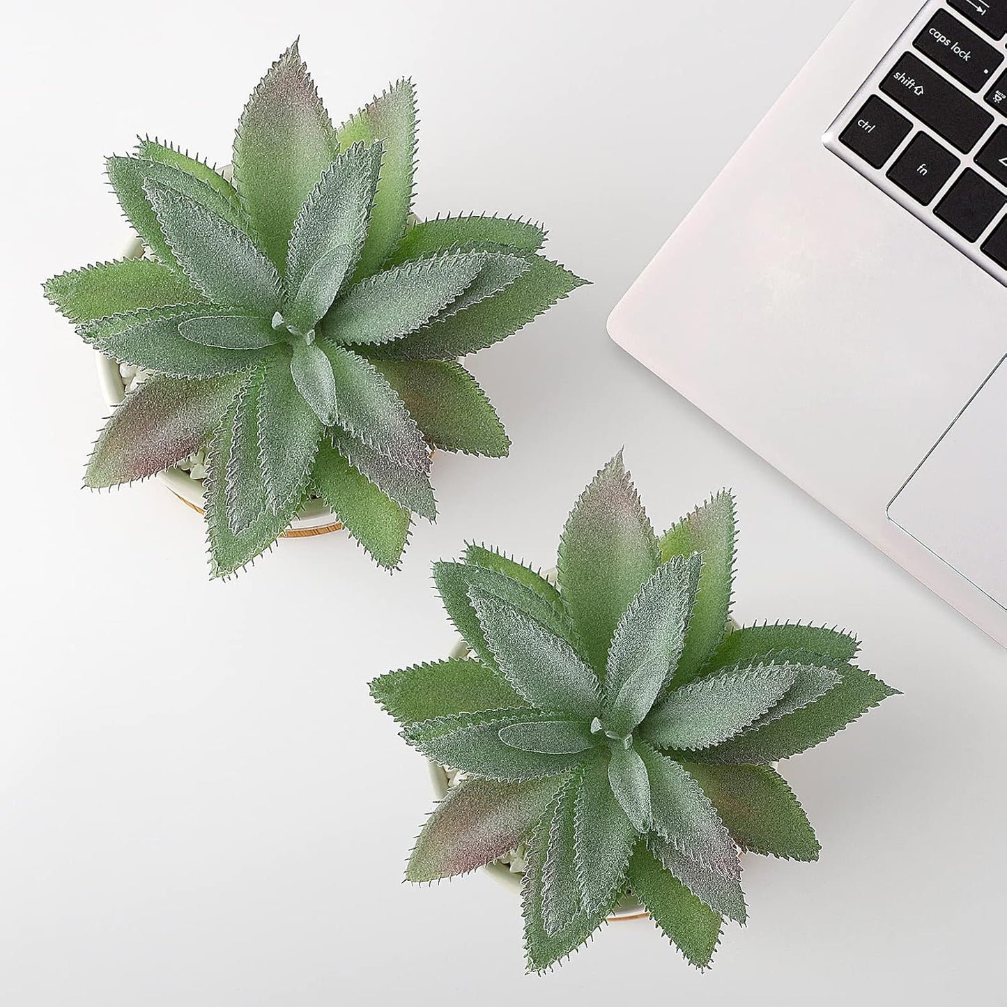 Artificial Succulents Plant, Faux Agave Succulent Plant in Ceramic Pots with Bamboo Tray, Fake Potted Plants for Office Desk Living Room Decor(Set of 2)
