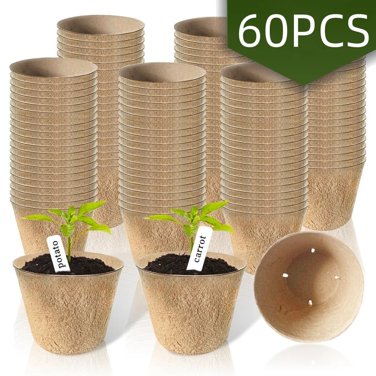 Nursery Pots Seedling Pots Biodegradable Plant Pots Peat Pots Small Plant Starter Pots with Drainage Holes round with Plant Labels + 3.93" 60Pcs