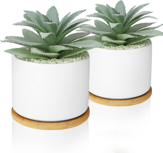 Artificial Succulents Plant, Faux Agave Succulent Plant in Ceramic Pots with Bamboo Tray, Fake Potted Plants for Office Desk Living Room Decor(Set of 2)