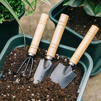 Mini Garden Tool Set, 3 Pieces Portable Mini Gardening Kit Including Hand Shovel, Transplant Shovel, Cultivator Hand Rake with Soft Wood Non-Slip Handle, Iron H