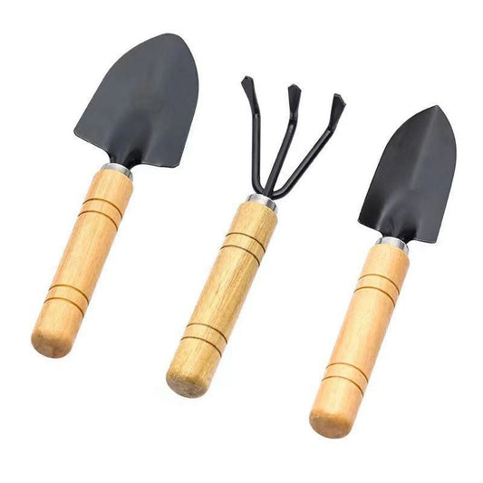 Mini Garden Tool Set, 3 Pieces Portable Mini Gardening Kit Including Hand Shovel, Transplant Shovel, Cultivator Hand Rake with Soft Wood Non-Slip Handle, Iron H