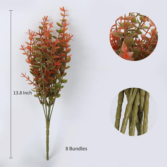 8 Bundles Artificial Fall Flowers No Fade Faux Autumn Plants, Fake Indoor Outdoor Greenery Decorations for Thanksgiving Christmas Wedding Party Home Garden Fireplace Décor(Fall Eucalyptus)