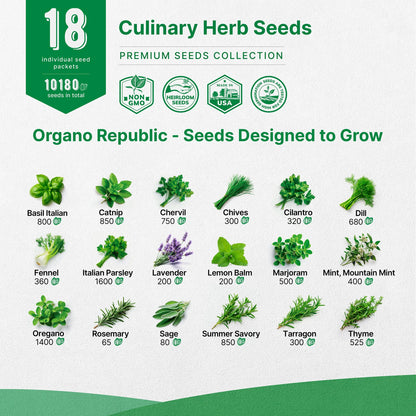 18 Culinary Herbs Seeds Variety Pack - 10,180+ Heirloom, Non-Gmo, Herbs Seeds