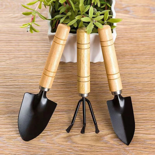 Mini Garden Tool Set, 3 Pieces Portable Mini Gardening Kit Including Hand Shovel, Transplant Shovel, Cultivator Hand Rake with Soft Wood Non-Slip Handle, Iron H