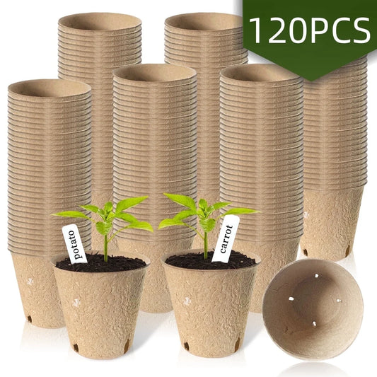 Nursery Pots Seedling Pots Biodegradable Plant Pots Peat Pots Small Plant Starter Pots with Drainage Holes round with Plant Labels 3.15" 120Pcs