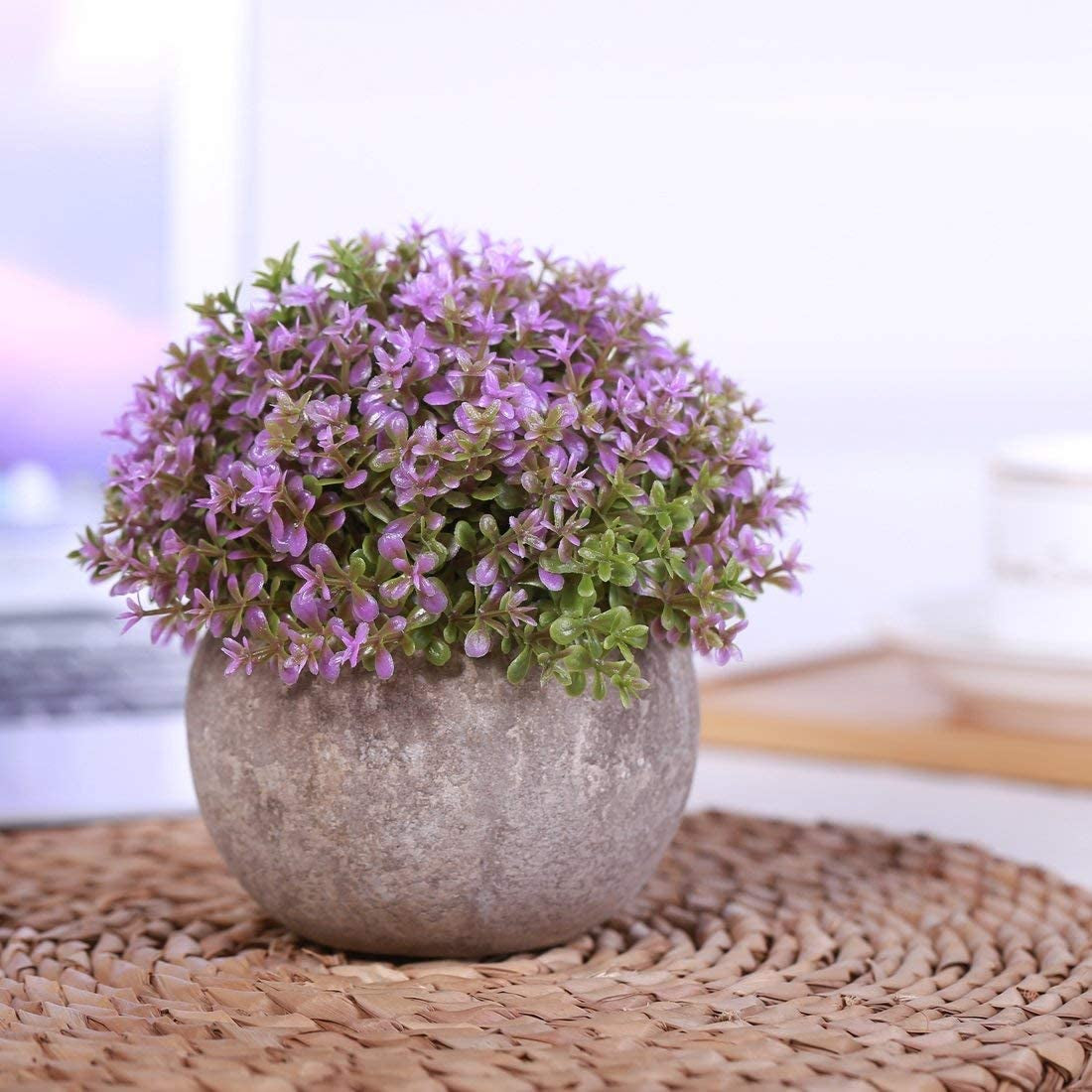 Artificial Plant Potted Mini Fake Plant Decorative Lifelike Flower Green Plants Fake Flowers Small Fake Plants for Home/Office Decor/Desk/Kitchen/Bathroom/Shelves Purple Decor