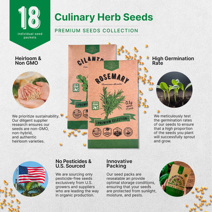 18 Culinary Herbs Seeds Variety Pack - 10,180+ Heirloom, Non-Gmo, Herbs Seeds