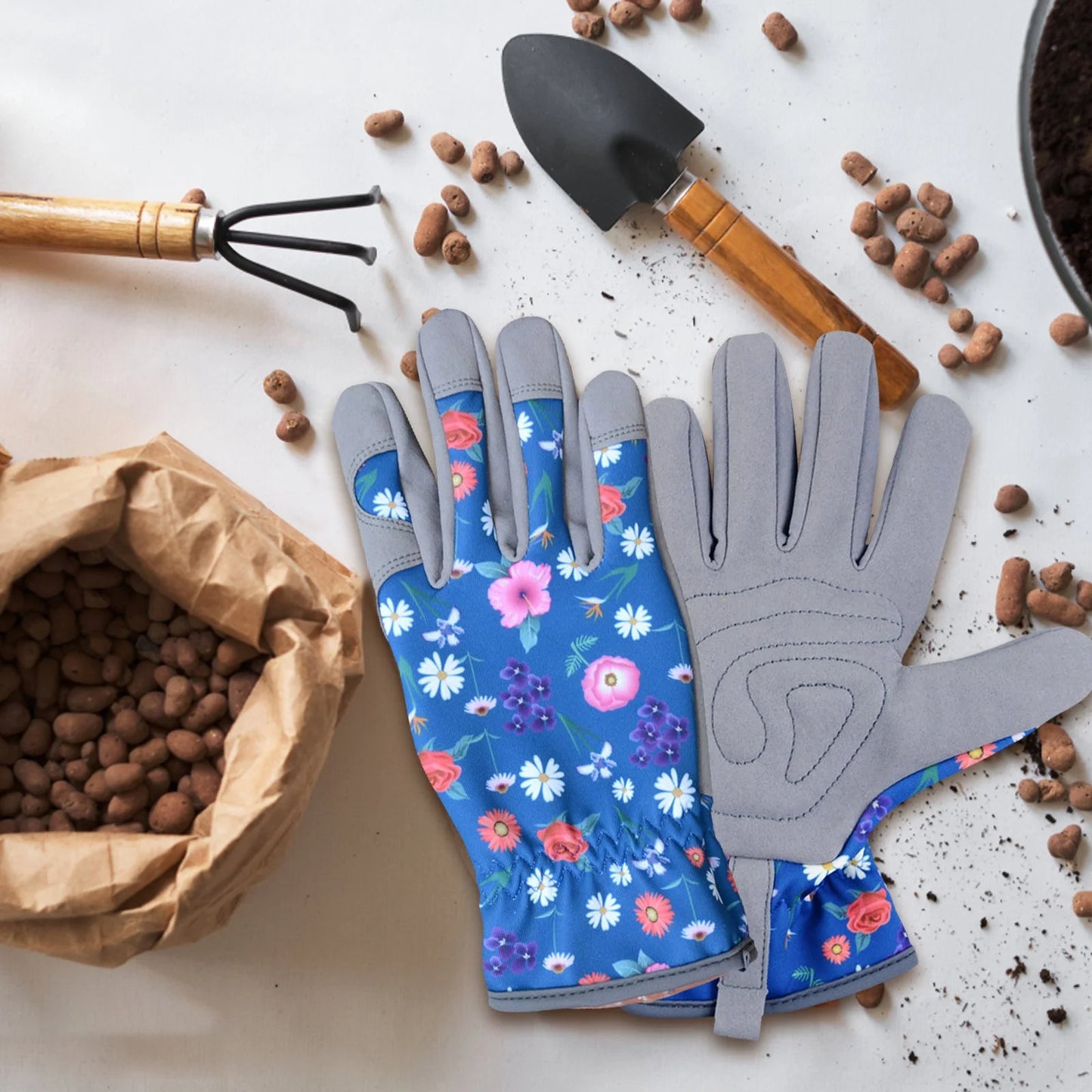 Stylish Blue Leather Gardening Gloves for Women - Thorn Resistant, Protective, Perfect for Outdoor Work and Weeding