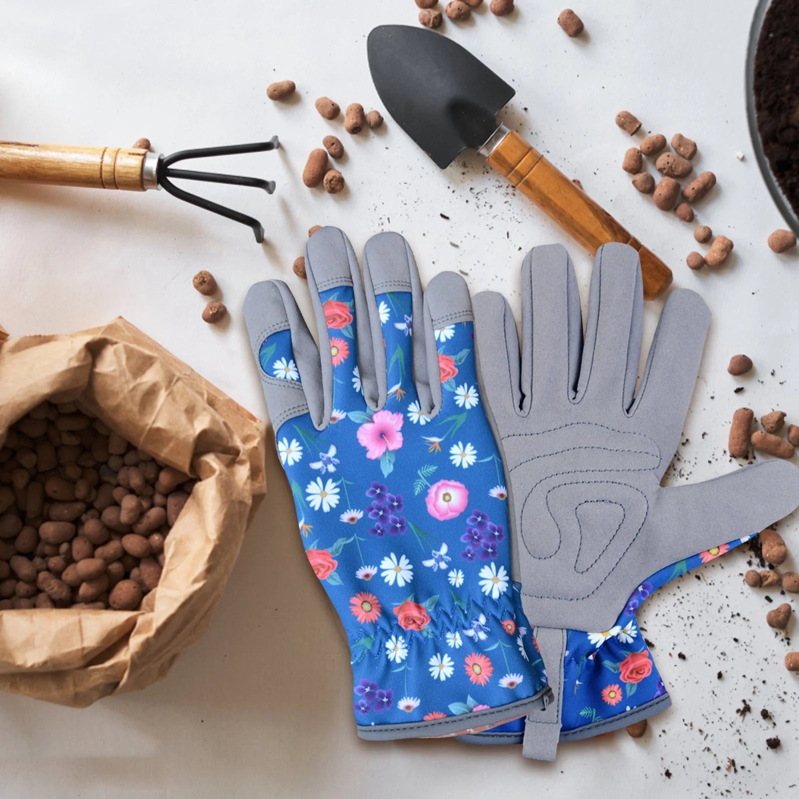 Stylish Blue Leather Gardening Gloves for Women - Thorn Resistant, Protective, Perfect for Outdoor Work and Weeding